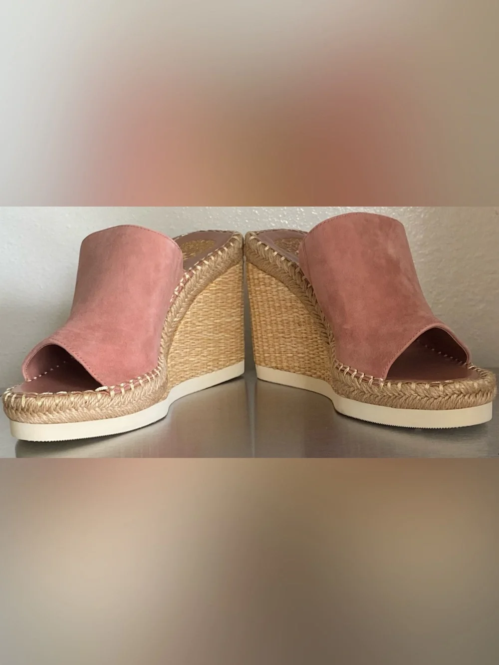 NEW VINCE CAMUTO DUSTY ROSE LEATHER SUEDE ESPADRILLE WEDGE MULES